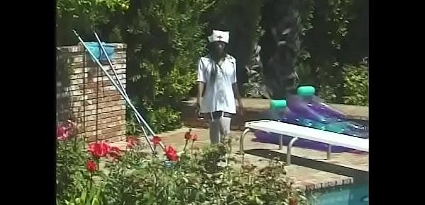  Nurse in white stockings seduces black dude sunbathing by the pool to fuck her